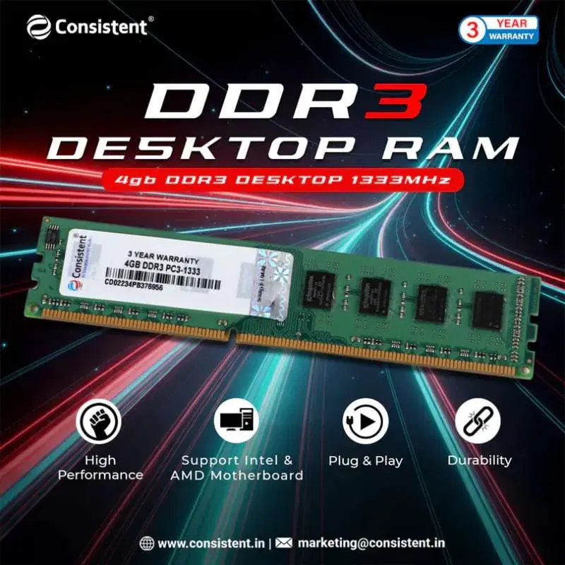 Consistent 4GB DDR3 Desktop RAM,1333MHz 'Reduce power consumption by up to 40 percent and extend battery life ||3 Years Replacement Warranty.