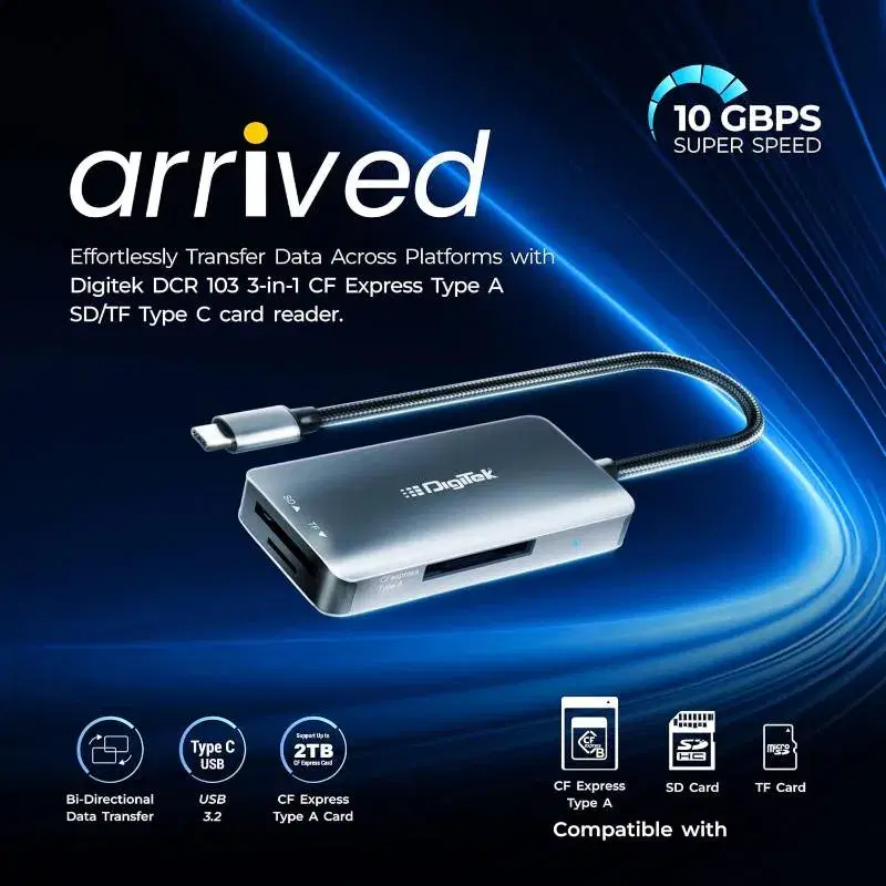 DIGITEK DCR-103 CFA 3 in 1 CF Express Type A/SD & TF Type C USB 3.2 Card Reader|| Support SD/SDHC/SDXC/UHS-I/RS-MMC, Support Mac OS iPad OS Window Android Linux & Harmony, Bidirectional Data Transfer.