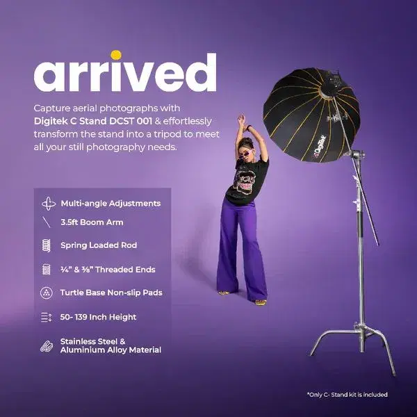 Digitek Heavy Duty Light Stand C-Stand - Max. 10 Feet/3 Meters Adjustable with 3.5 Feet Holding Arm and Grip Head for Studio Video Reflector, Monolight and Other Photographic Equipment .