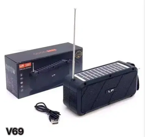 LP-V69 Solar Powered Mini Speaker Portable Wireless with FM Radio Portable Stereo Woofer Active BT Speaker with FM Radio.