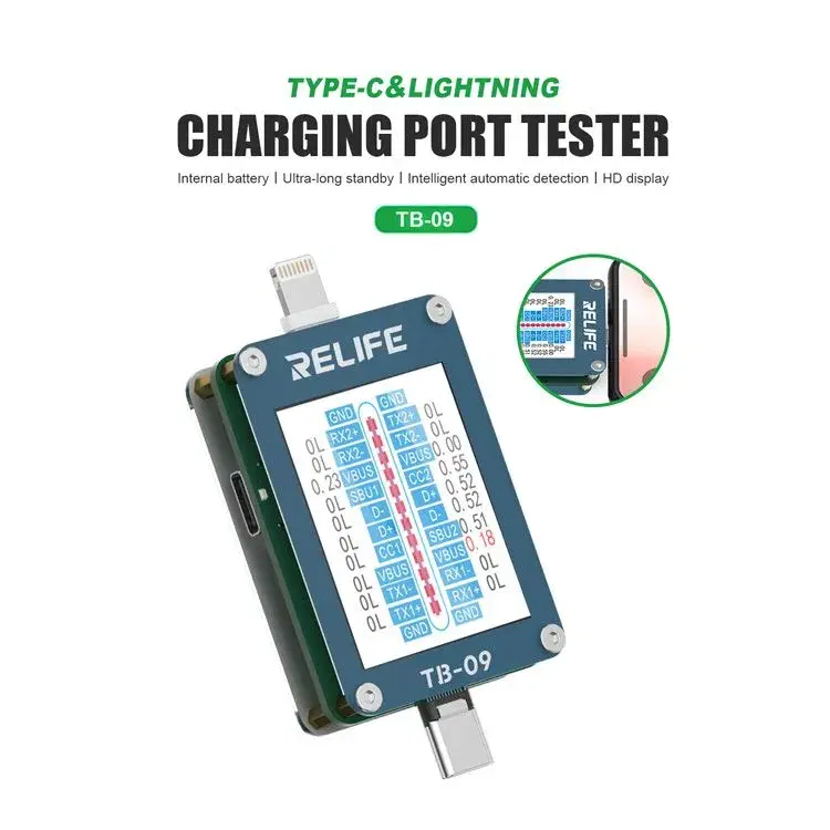 Relife TB-09 Type-C & Lightning Charging Port Tester for iPhone and Android Phones.