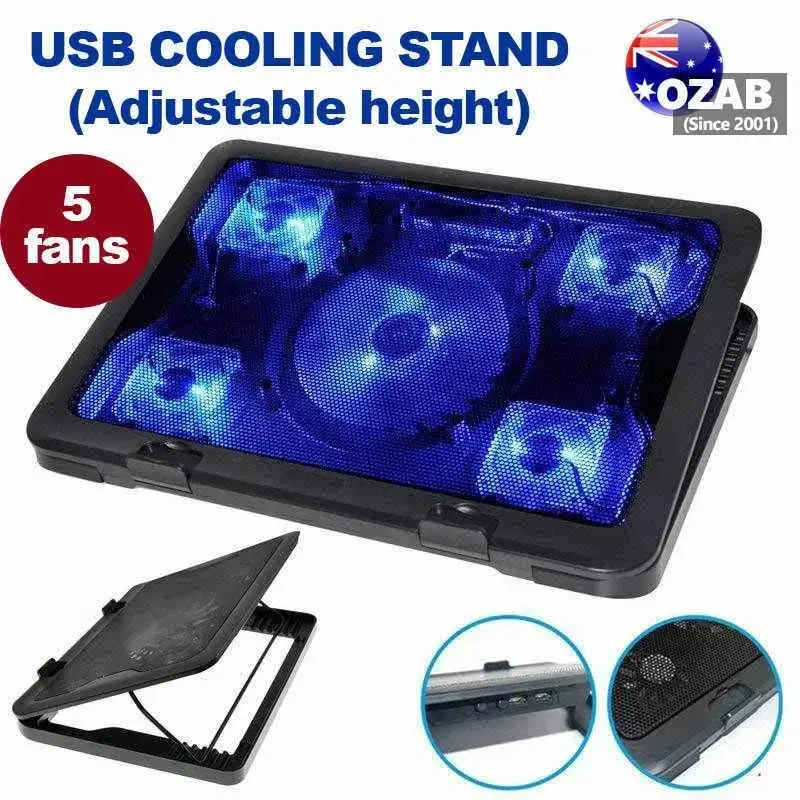 Blue LED Backlit Gaming 5 Cooling Fan, Adjustable, Notebook Stand Cooler & Laptop Cooler Pad.