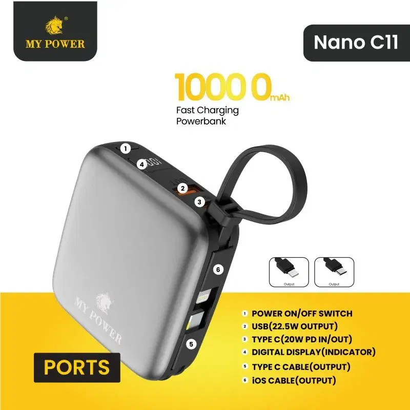 My Power Nano C11, 10000 mah, 22.5 watt, Fast charging Powerbank with attached cable