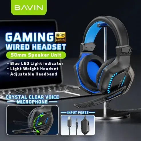 BAVIN HB-BH61 Gaming Wired Headset With 120° Adjustable HD Microphone & Blue LED Light for Computers/Laptops.