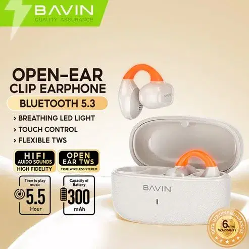 BAVIN HB-BA-102 Open-Ear TWS Bluetooth Earbuds w/ LED Light, Touch Controls, AI Voice Assistant & Translation.