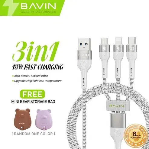BAVIN U-CB236-3 3in1 Fast Charging Braided Cable, 18W High Density Safe Compatible With Micro iPhone & Type-C w/Free Bear Organizer
