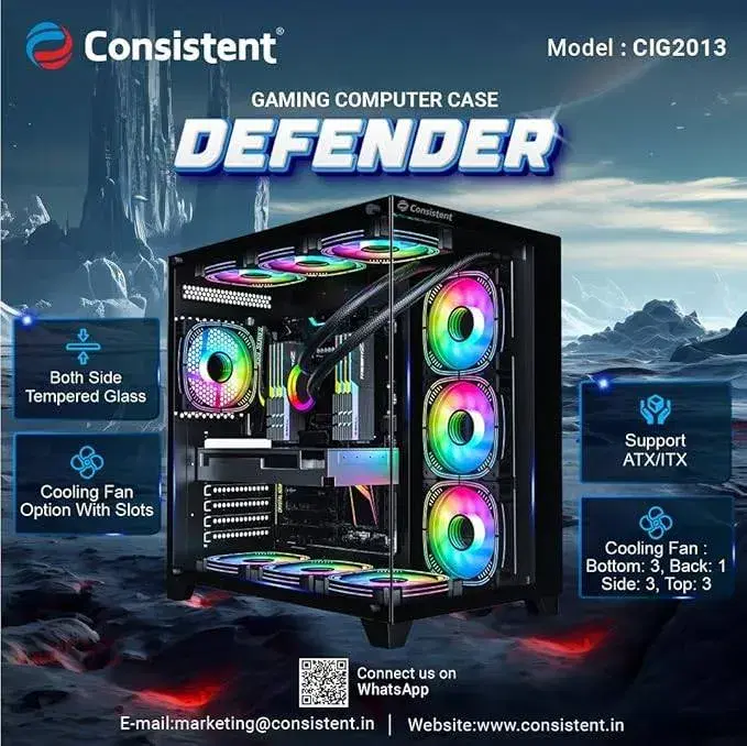 Consistent CIG 2013 Defender Gaming Cabinet | Support: Micro ATX/Mini-ITX | Front Port : USB2.0 x 2+USB3.0 x1+HD Audio| Both Side Tempered Glass.