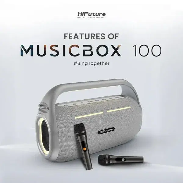 HiFuture Musicbox 100 | Powerful 70W Karaoke Speaker | Dual Wireless Microphones | In-Built Microphone | 8000 Mah Battery | 15K Mah Powerbank | RGB Lights .