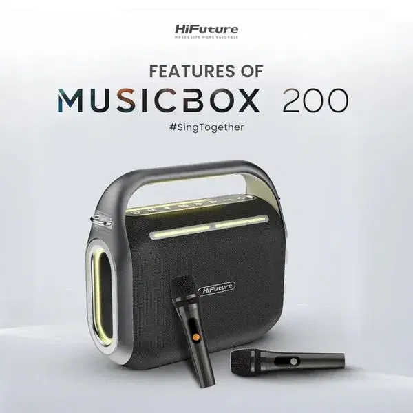 HiFuture Musicbox200 Multifunction Karaoke Speaker | Powerful 100W Output | Dual Wireless Microphone | 12k Mah Battery | 15k Mah Powerbank | Wireless Calling | RGB Lights .