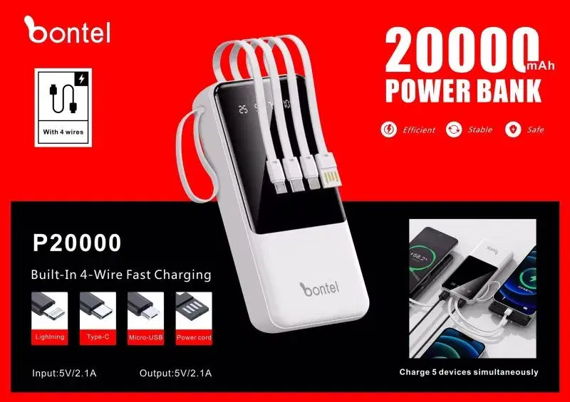 Bontel P20000 20000mAh Power Bank ||Built-in 4-wire Fast Charging .