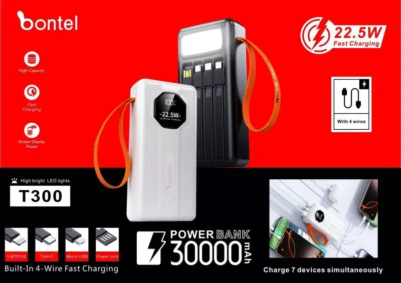 Bontel T300 30000mAh, 22.5W power bank|| High-capacity portable charger.