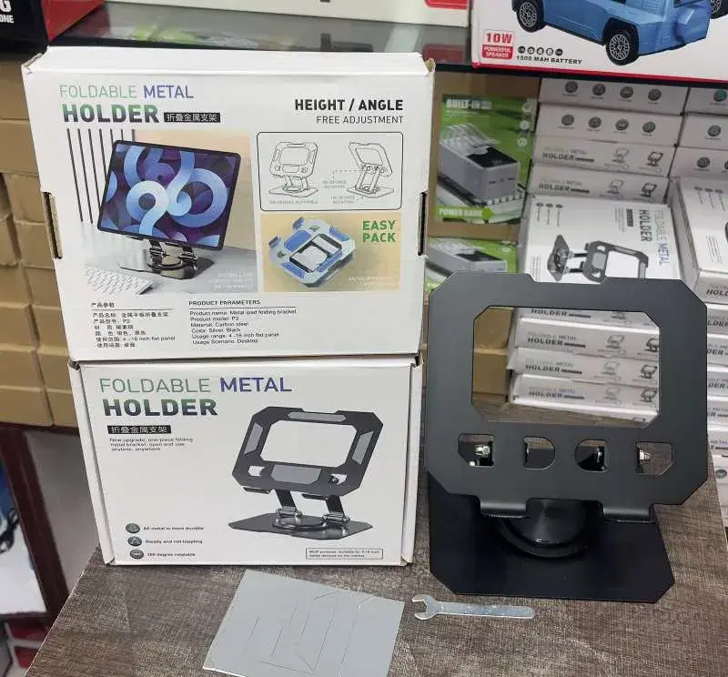 Foldable Metal Holder designed for tablets and phone.