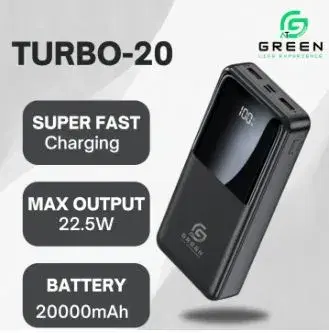 Green Turbo-20 | 20000mAh Fast Powerbank | 22.5W | PD Fast Charging | Attached Wire | Digital Display | 6 Months Warranty | QC 3.0 | Two Way Fast Charging.