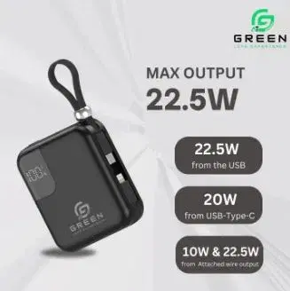 Green Mini Thunder Small Size Power Bank | 10000mAh | Fast Charging | Ultra Thinner | 22.5W | Attach Wire | PD input-Output | Digital Display | Lithium-Polymer Battery | 6 Months Warranty.