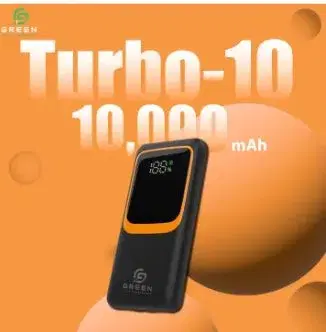 Green Turbo-10 | 10000mAh Fast Powerbank | 22.5W | PD Fast Charging | Attached Wire | Digital Display | 6 Months Warranty | QC 3.0 | Two Way Fast Charging .