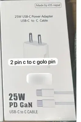 25W PD GAN USB-C Power Adapter With USB-C to C Cable|| 2 Round Pins.
