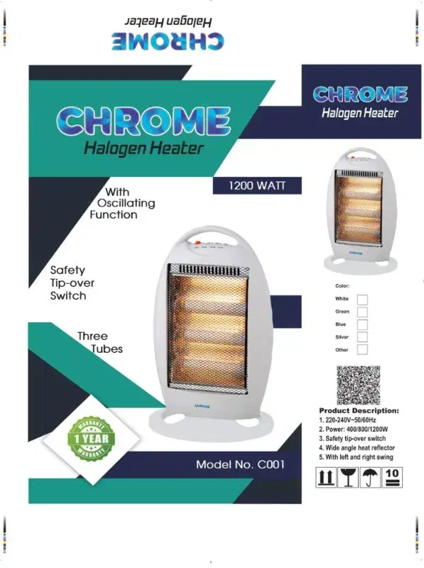 Chrome Halogen Heater 3 rods Heater White 1200W With Portable Handle.
