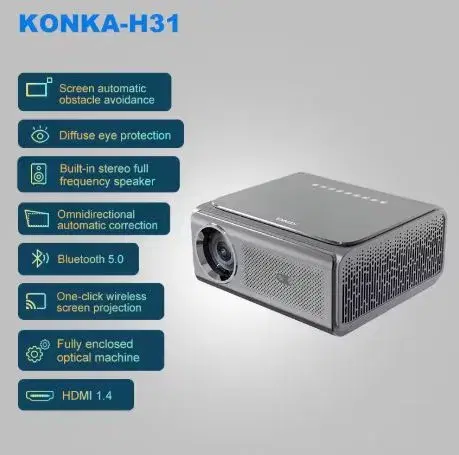Konka H31 High Brightness Projector Auto-Focus 1080P Home and Office Use for Bedroom and Wall Projection 4K Projector.