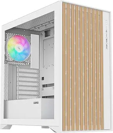 SAMA V Nature Mid Tower PC Case with Genuine Walnut Wood Front Panel, Tempered Glass Side Panel, 3 x 140mm ARGB PWM Fans Pre-Installed, USB Type-C, High Airflow Design, Supports ATX/M-ATX/ITX - White