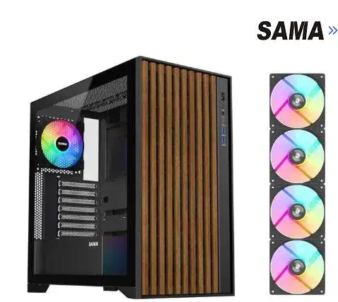 SAMA V Nature ATX MATX Mid Tower PC Case - Front Panel with 10 Black Walnut Colored European Beech Wood,4 Addressable RGB Fans Pre-Installed.