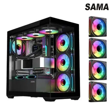 SAMA SV01 Mid Tower ATX Gaming PC Computer Case Black, 4 Addressable RGB Fans Pre-Installed, Tempered Glass Side Panel, Back Plug Motherboard Design.