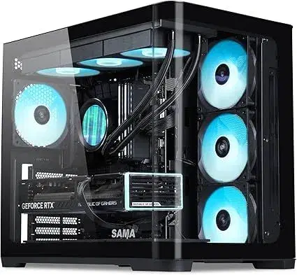 SAMA V60 Mid Tower PC Case, Curved Tempered Glass Panel, 7×120mm ARGB PWM Fans with Fan Hub, USB Type-C, High Airflow ATX PC Case for Case PC Gaming, Back-Connect Ready, 360mm AIO Support – Black.
