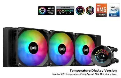 SAMA T360 Black liquid Cooler 360mm ARGB AIO Radiator LCD Temperature Display Screen CPU Cooler with PWM Silent Fans.