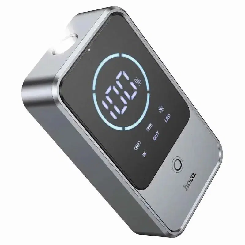 HOCO QS7 10000mAh 4-in-1 multi-function device car jump starter, portable tire air pump, power bank, and LED light.