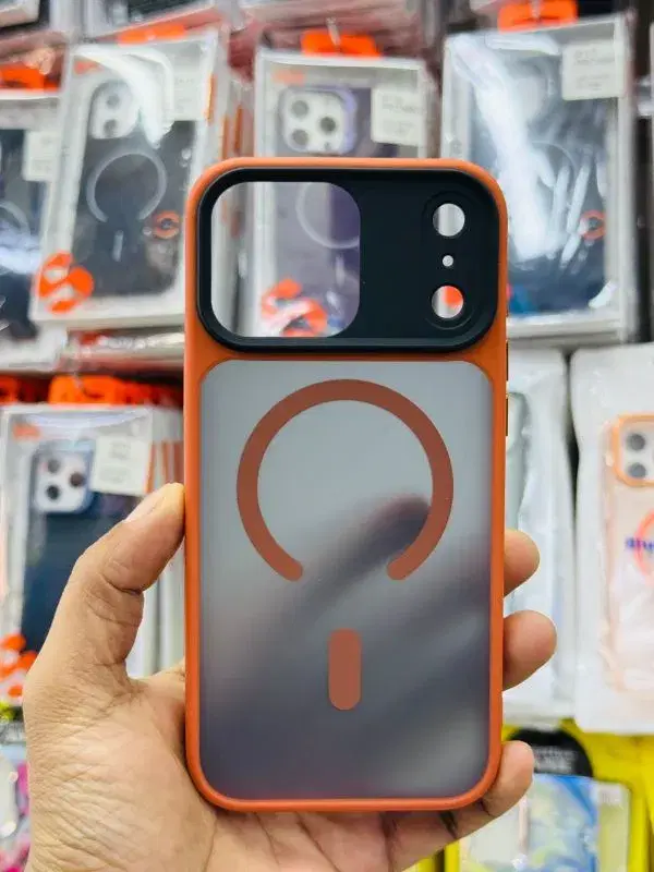 Iphone 17 Pro Max orange and frosted clear MagSafe-compatible phone case.