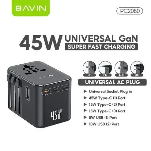 BAVIN PC2080 ,45W PD GaN Fast Charging Adapter.