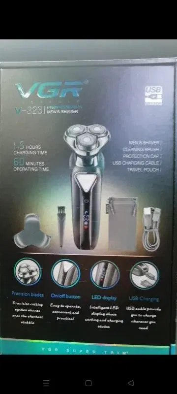 Vgr V-323 Premium Cordless Rechargeable Ipx7 Fully Waterproof 3 Head Electric Shaver Wet & Dry Rotary Shavers With Pop-Up Trimmer Super-Fast Charge 90 Minutes Runtime With Led Digital Display - Blue and Black