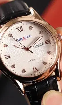 Miracle M041 Analog Round Dial Watch With Black Leather Strap.