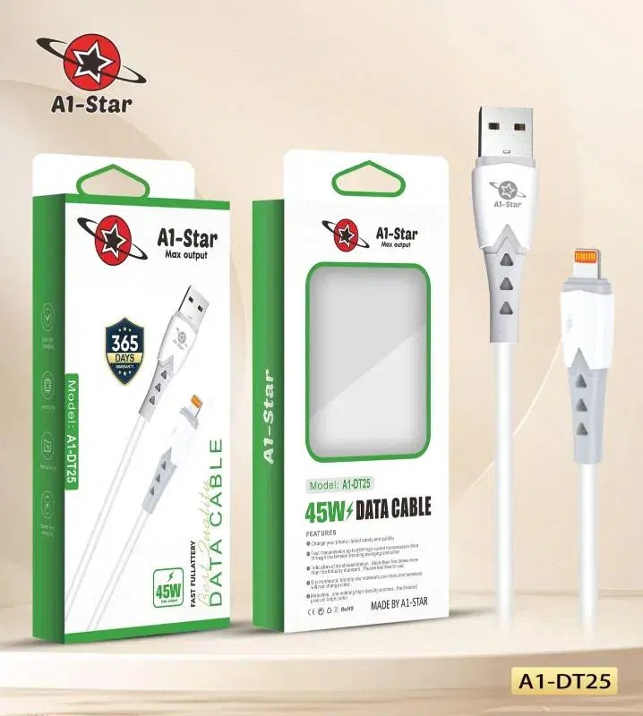 A1 star DT25 45W, Lightning Super Fast Charging Cable || 1 years Replacement Guarantee.