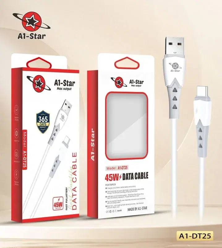 A1 star DT25 45W, Type-C Super Fast Charging Cable || 1 years Replacement Guarantee.