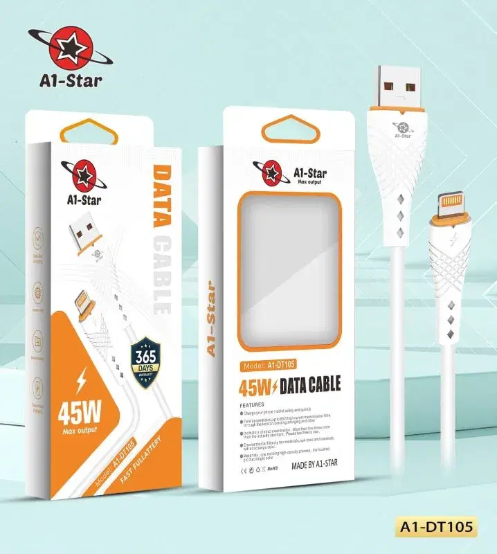 A1 star DT105 45W, Lightning Super Fast Charging Cable || 1 years Replacement Guarantee.