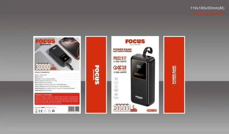 Focus F600 ,30000mAh PD22.5W USB-C output + QC3.0 USB-A Output Quick Charge High Quality Power Bank.