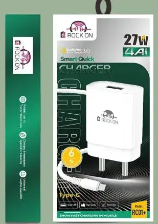 Rock On RC01+ , 27W + QC3.0 Smart Quick Charger with a Type-C cable || 6 Months warranty.