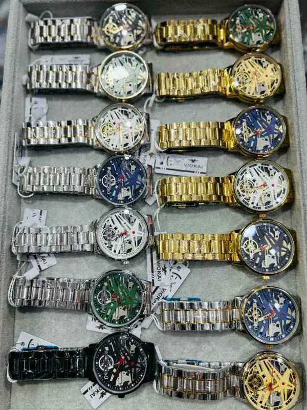 viokai brand men's car wheel watches with stainless steel bands