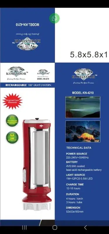 Kohinoor Model KN-4210 rechargeable LED lantern and torch.