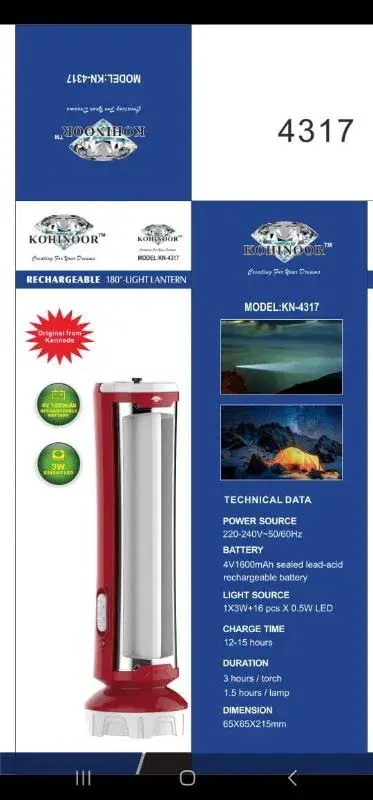 Kohinoormodel KN-4317 LED rechargeable lantern and torch light.
