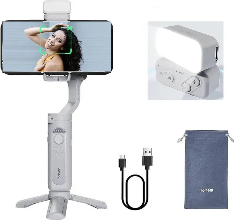 hohem iSteady XE KIT 3-Axis Smartphone Gimbal Stabilizer with Light for iPhone Android Phone for Vlog YouTube Live Video Record Handheld Folded Gimbla Stabilizer, Grey Combo