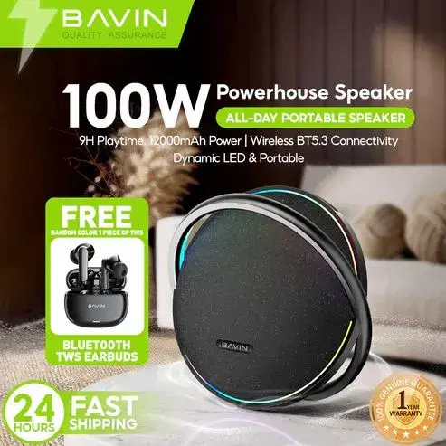 BAVIN BM39 100W Powerful Bass Portable Outdoor Bluetooth Speaker W/RGB & 12000mAh Powerbank Function