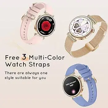 HXQHSTBG smart watch for women, which is available in rose gold and comes with three multi-color watch straps.