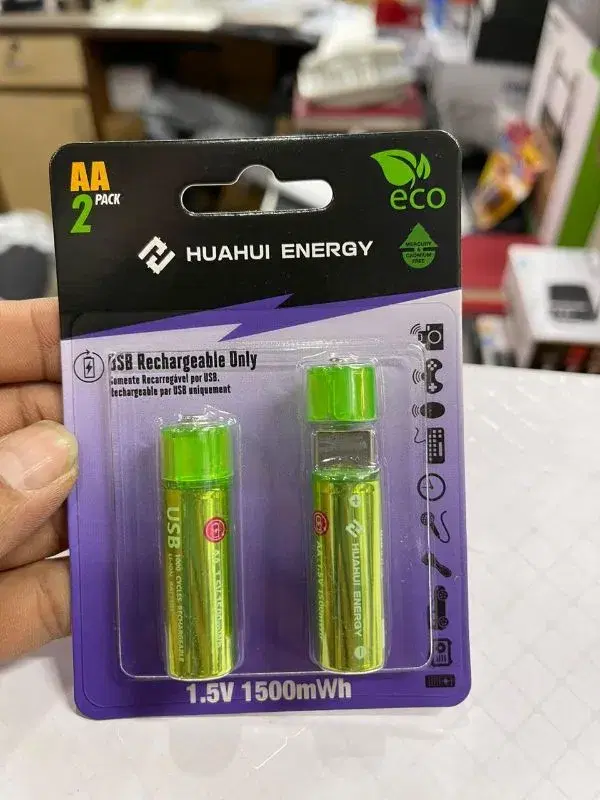 2-pack of HUAHUI ENERGY AA USB rechargeable batteries.