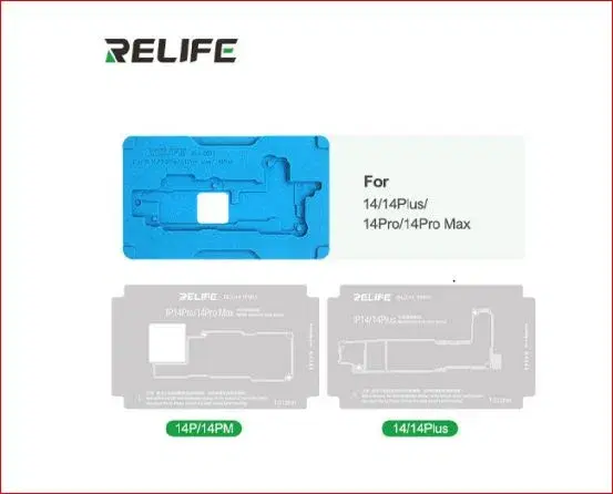 RELIFE RL-601T mid-tier motherboard repair fixture set for iPhone X through 14 Pro Max models.