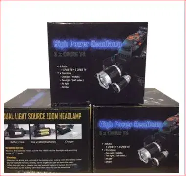 high-power rechargeable LED headlamp featuring three Cree T6 bulbs.