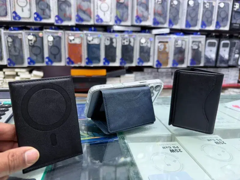 magnetic card wallet with a stand, designed to attach to MagSafe-compatible phones.
