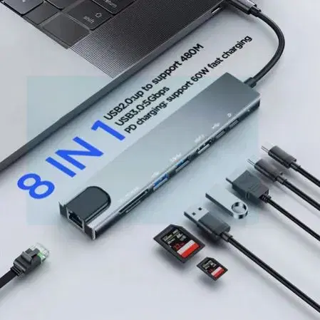8 in 1 Type C Hub with RJ45+TF/SD+HDTV+USB*2+typeC + PD