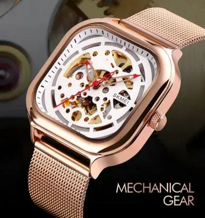 Skmei 9184 Men Watch Automatic Mechanical Square Dial Multi Color Fashion Stainless Steel Mesh - Golden