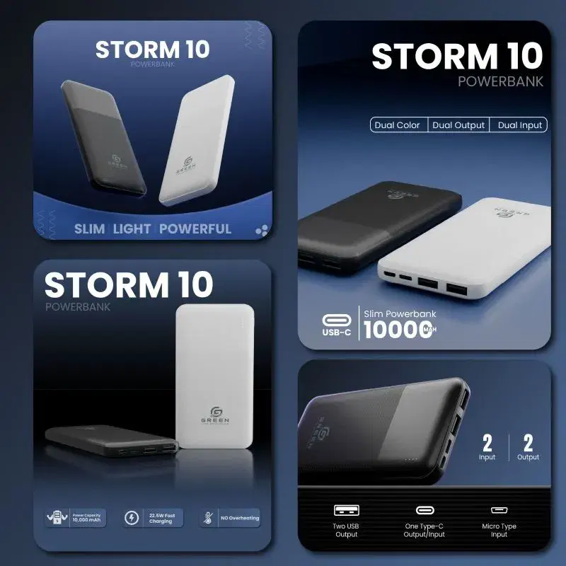 Green Storm 10 Powerbank 10,000 mAh capacity and supports 22.5W fast charging.